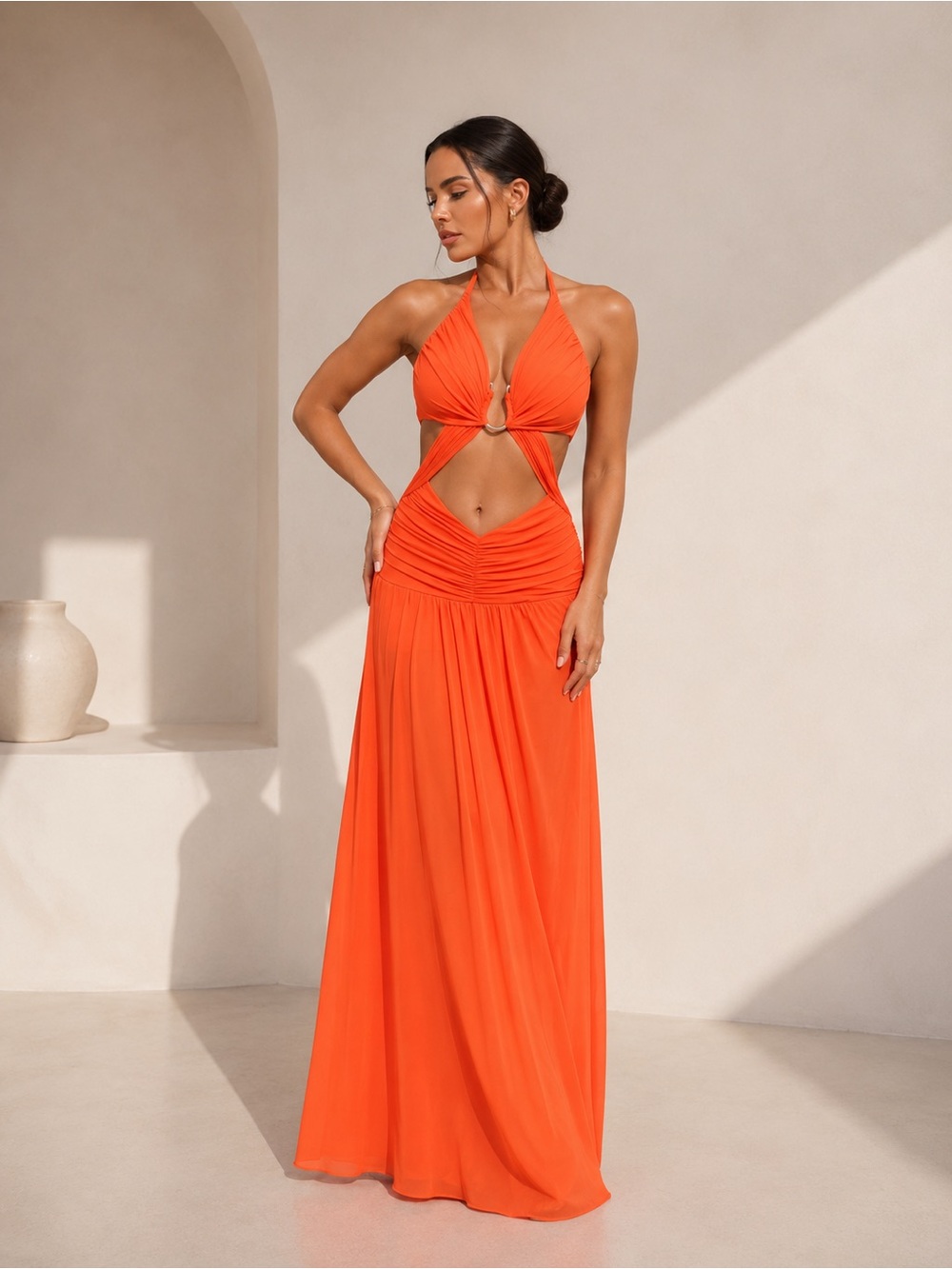 NEW - Vibrant Orange Cutout Halter Maxi Dress Resort Glam Style